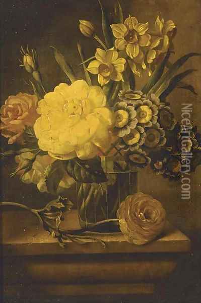 Roses, narcissae and auriculas in a vase on a plinth Oil Painting - Dutch School