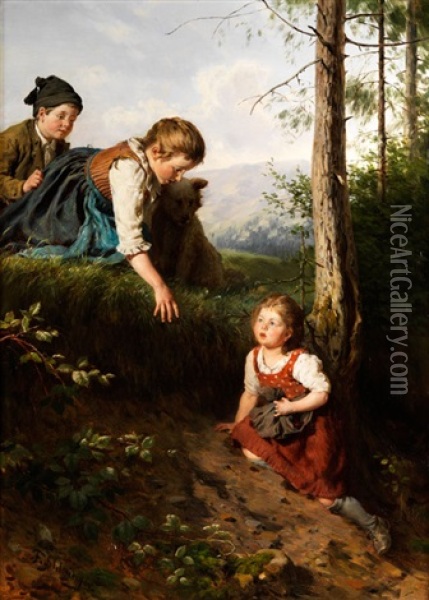 Drei Kinder Im Wald Beim Beerenpflucken Oil Painting - Felix Schlesinger