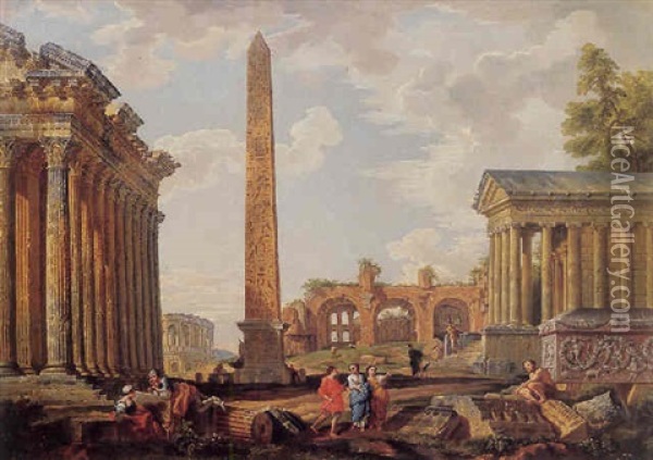 Architectural Capriccio With The Obelisk And The Basilica Di Massenzio Oil Painting - Giovanni Paolo Panini