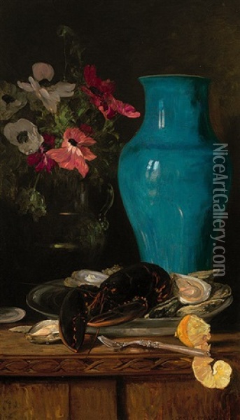 Stilleben Mit Meeresfruchten, Blauer Vase Und Blutenstraus, Meisterlich Arrangiert Oil Painting - Carl Friedrich Kappstein