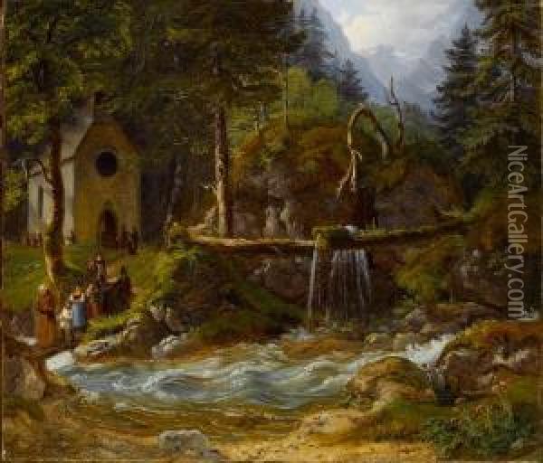 In Der Ramsau. Kirchganger An Einem Wilden Gebirgsbach Oil Painting - Gustav Reinhold