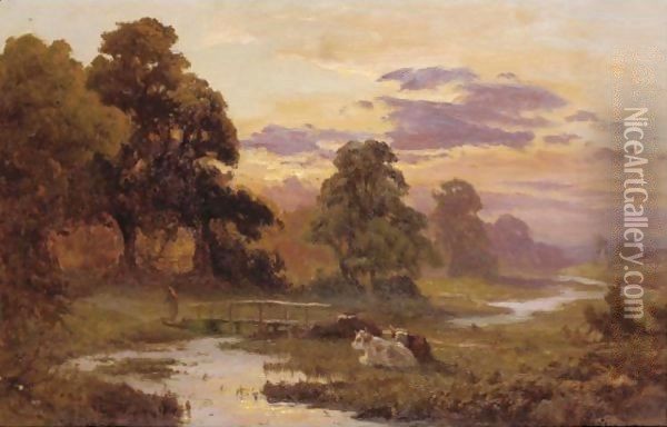 Cattle Grazing At Sunset Oil Painting - Edward Henry Holder