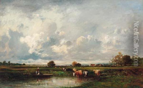 Cattle And Farmhands In A Pasture Oil Painting - Leon Victor Dupre