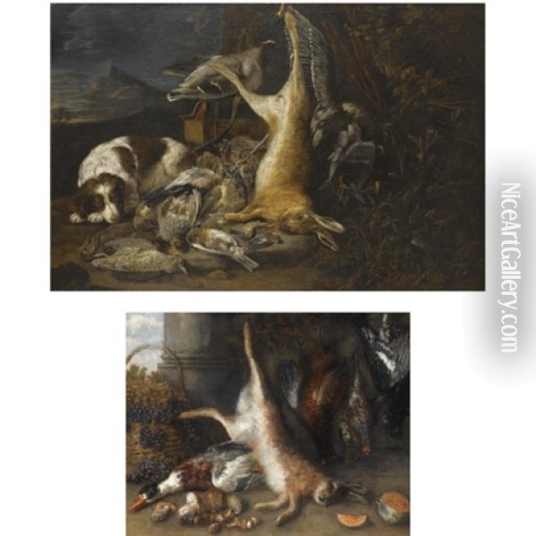 A Still Life Of A Suspended Dead Hare And Two Mallards, Dead Birds And A Dog With Hunting Gear, An Extensive Landscape In The Background (2 Works) Oil Painting - David de Coninck