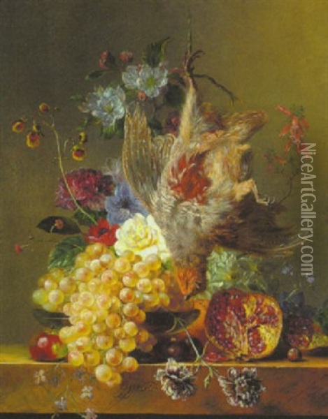 Stilleben Mit Fruchten, Blumen Und Einem Erlegten Rebhuhn In Einer Schale Auf Einem Marmortisch Oil Painting - Georgius Jacobus Johannes van Os