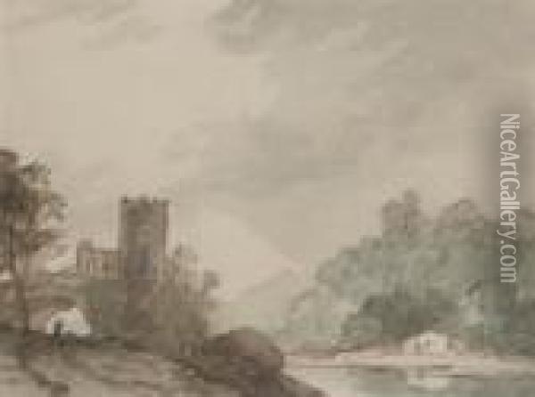 Lakeside Scene With Ancient Castle Oil Painting - Paul Sandby