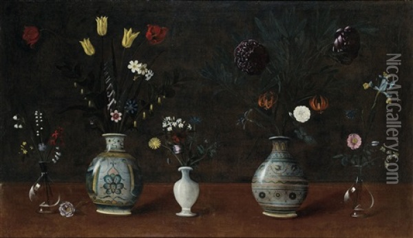 Vases Of Flowers On A Table Oil Painting - Orsola Maddalena Caccia