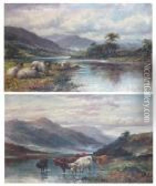 Highland Cattle Watering At The Riverside Oil Painting - William Langley