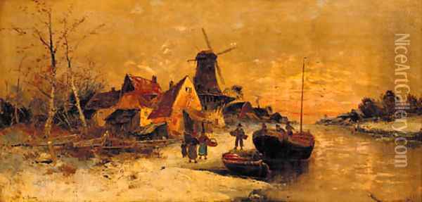 Figures unloading a boat by a village on a Dutch river Oil Painting - Marinus A. Van Straten