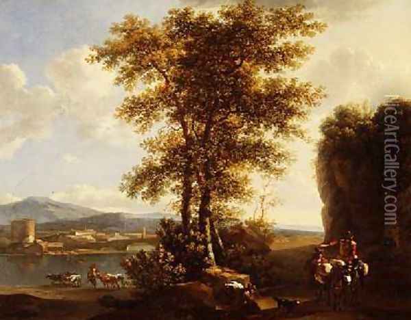 An Italianate wooded river landscape with travellers on a path Oil Painting - Lodewyck van Ludick