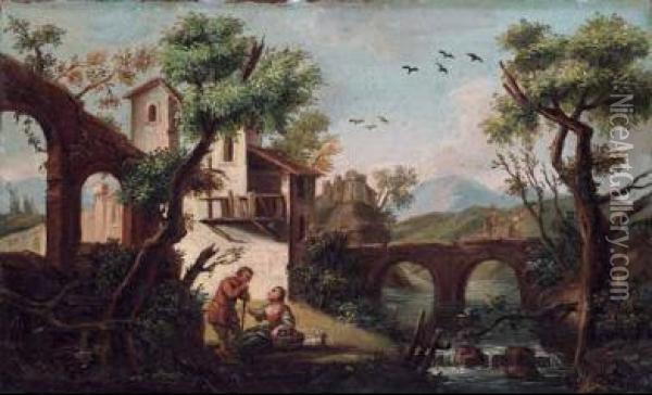 Paesaggio Con Cascatella E Figure Oil Painting - Domenico Pecchio