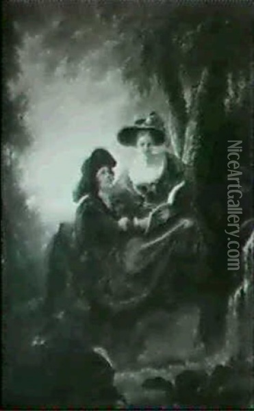 Couple Dans Un Parc Au Bord D'une Cascade Oil Painting - Pierre Nolasque Bergeret