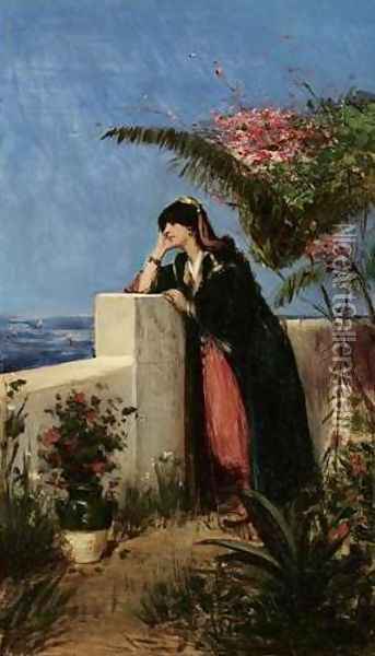 Young Woman on the Terrace (Rêverie sur la terrasse) Oil Painting - Georges Antoine Rochegrosse