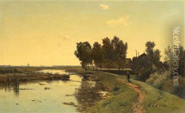 Walking Along A Dutch Canal Oil Painting - Paul Joseph Constantin Gabriel