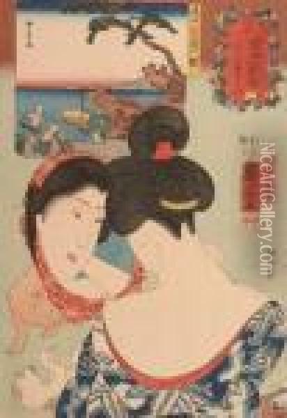 Woman Looking In Mirror Oil Painting - Utagawa Kuniyoshi