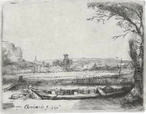 A Canal with a large Boat and Bridge Oil Painting - Rembrandt Van Rijn