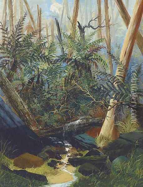 Palms at a tropical stream Oil Painting - English Colonial School