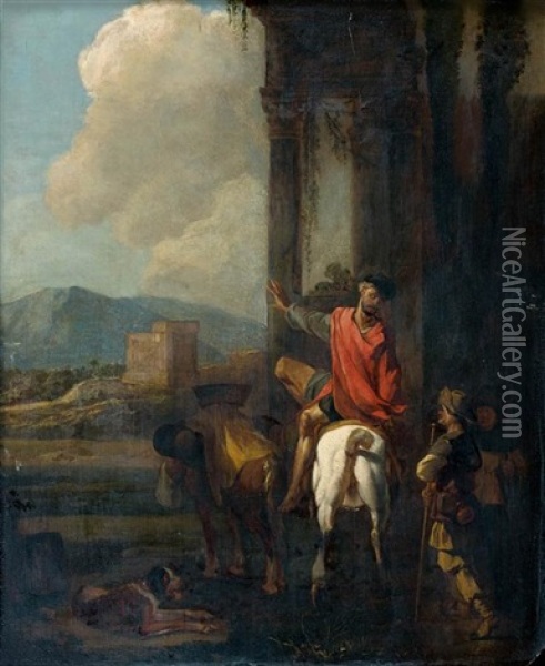 Homme A Cheval Saluant Un Pelerin Oil Painting - Abraham Danielsz Hondius