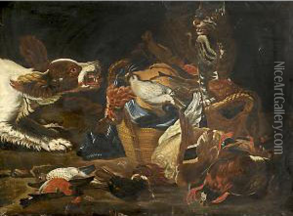 Natura Morta Con Gatto, Uccelli E Cane Oil Painting - Jacomo (or Victor, Jacobus) Victors
