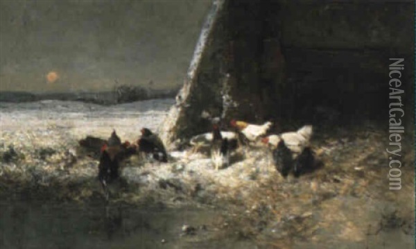 Chickens In The Snow Oil Painting - Alexandre Defaux