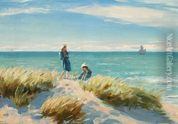 Summer Girls On The Beach In Hojen, Gl. Skagen Oil Painting - Laurits Regner Tuxen