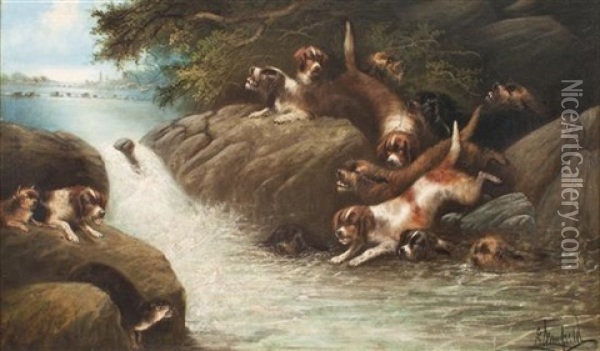 Dogs Hunting Otter In River (2 Works) Oil Painting - Edward Armfield