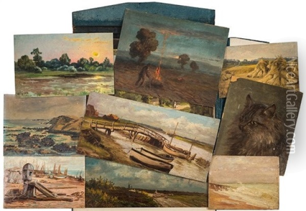 A Folio Group Of 15 Small Paintings Including A Barley Field; Study Of A Cat; Wolton Heath; Stew Pond; Walberswick; Burning Couch Oil Painting - John Fitz Marshall