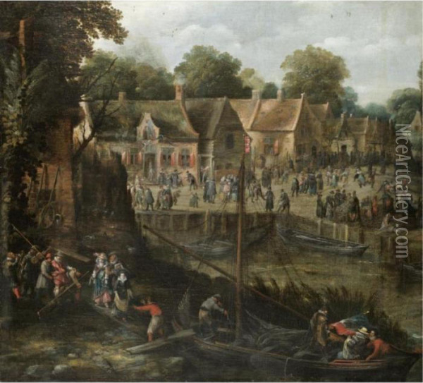 A Village Kermesse With Elegant Figures Entering Boats Oil Painting - Pieter I Van Der Hulst