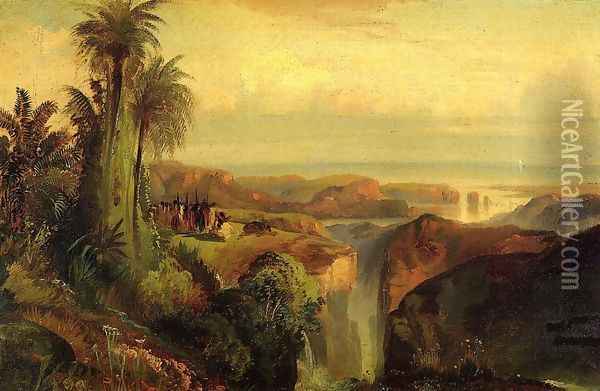 Indians On A Cliff Oil Painting - Thomas Moran