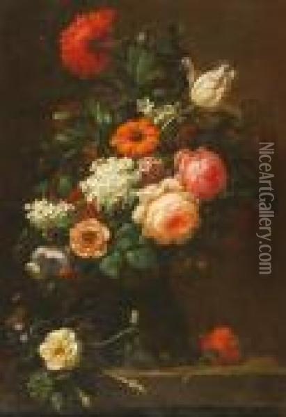Stilleven Met Veelkleurige Bloemen In Een Glazen Rumfles, Op Een Stenen Plint Oil Painting - Jan Davidsz De Heem