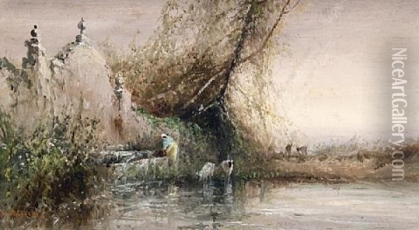 An Old Fountain At Houvalt, Near Boulogne (+ Figures Beside A Lake; Pair) Oil Painting - Sarah Louise Kilpack