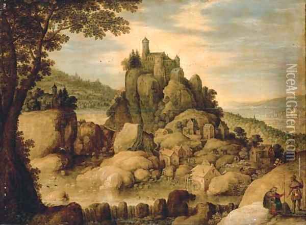 An extensive rocky river landscape with pilgrims resting on a path Oil Painting - Maerten Ryckaert