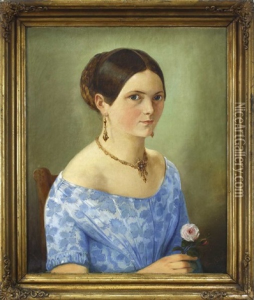 Bildnis Einer Jungen Frau In Blauem Kleid, Auf Einem Stuhl Sitzend Oil Painting - Meno Muehlig