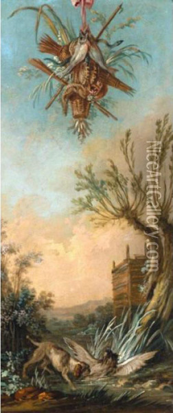 Design For A Decorative Panel With A Hound Startling A Heron Oil Painting - Jean-Baptiste Oudry