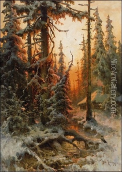 Talvipaivan Hamartyessa (a Winters Day At Twilight) Oil Painting - Yuliy Yulevich (Julius) Klever