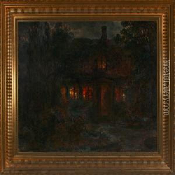 House Between Trees With Lights In The Windows Oil Painting - Carl Christian E. Carlsen