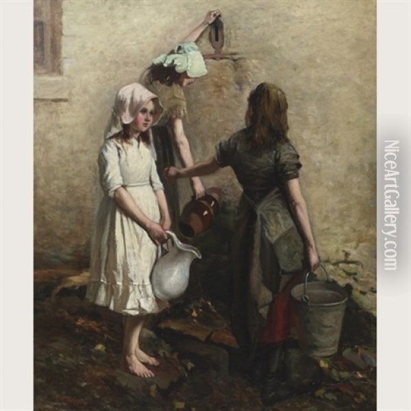 Girls At A Village Pump Oil Painting - Robert McGregor