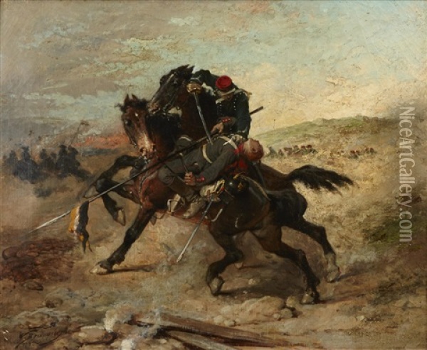 A Battle Scene Oil Painting - Wilfrid Constant Beauquesne