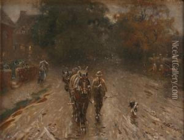 Man Leading A Pair Of Shire Horses Along A Street On A Rainy Evening Oil Painting - Harold Swanwick