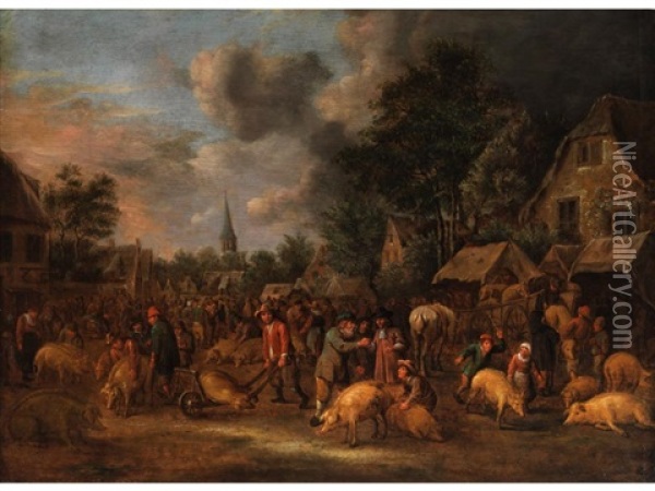 Grosser Schweinemarkt In Einem Niederlandischen Stadtchen Oil Painting - Nicolaes Molenaer
