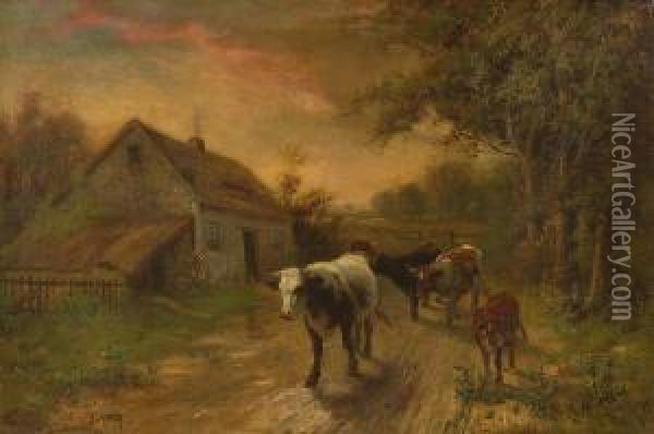 Cows On A Country Road. Oil Painting - Robert Atkinson Fox