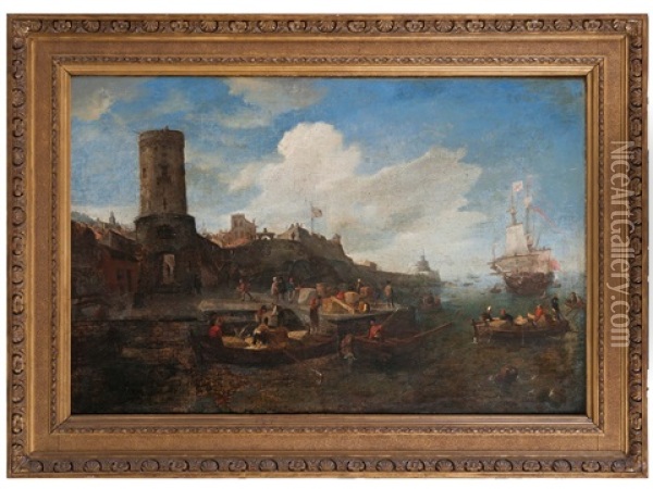 A Busy Harbour Scene With Small Boats Loading At A Waterfront Oil Painting - Jan Abrahamsz. Beerstraten