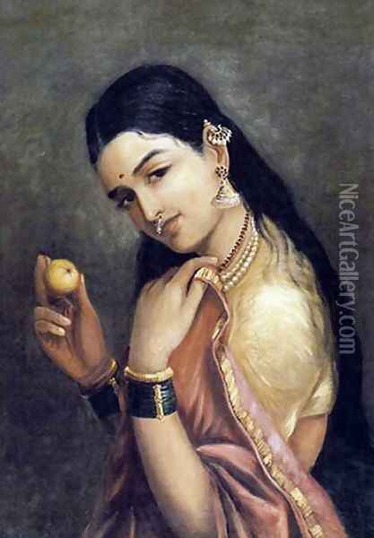 Lady Holding a Fruit Oil Painting - Raja Ravi Varma