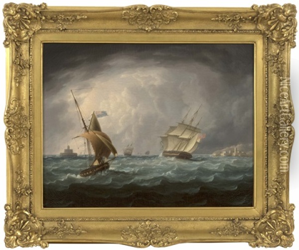 A Ship Of The Line Headed Out With The Fleet Oil Painting - Thomas Buttersworth