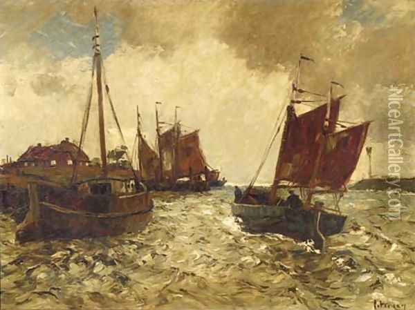 Shipping in a harbour entrance Oil Painting - Hans Ritter Von Petersen