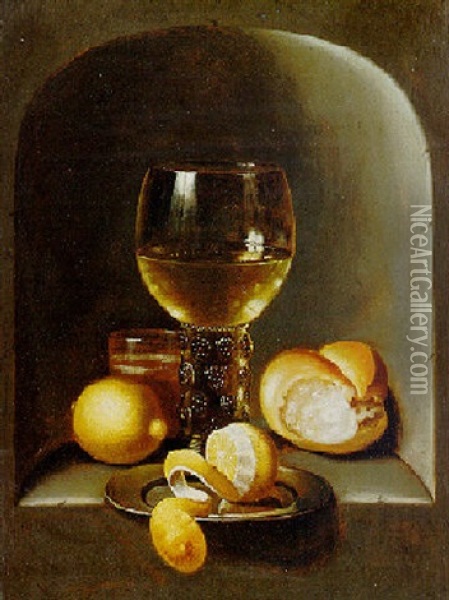 Still Life Of A Roemer, A Peeled Lemon On A Pewter Plate, With Another Lemon, A Bread Roll And A Glass, All In A Stone Niche Oil Painting -  Monogrammist V.S.Z.