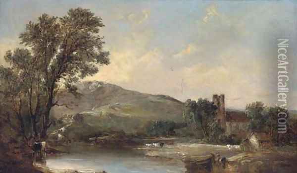Cattle watering by a church in a river landscape Oil Painting - Alfred Vickers