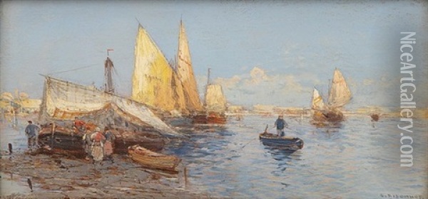 Hollandische Kustenlandschaft Mit Fischerbooten Oil Painting - Georg Fischhof
