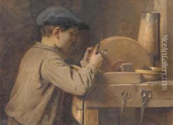 A Young Boy Grinding Scissors Oil Painting - Louis Emile Adan