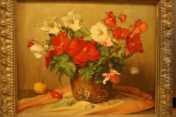 Stilleven Met Begonia En Pompoen Oil Painting - Piet Johannes Cottaar
